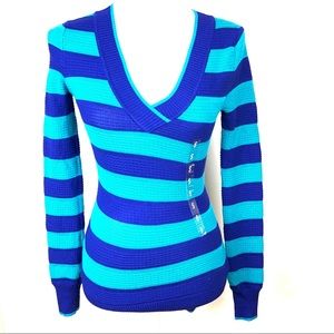 Energie Blue Striped V-Neck Long Sleeve Top Small